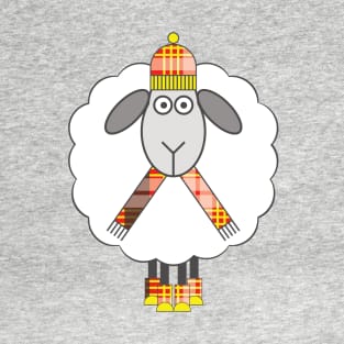 Cosy Winter Sheep With Red, Yellow, Black and White Tartan Hat, Scarf and Boots T-Shirt